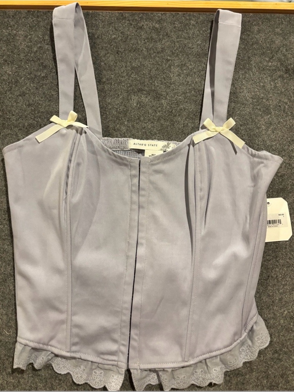 NWT Altar’d State Romantic Boho Grey Dawn Lace Trim Cotton Corset Top Size Large - Picture 4 of 11